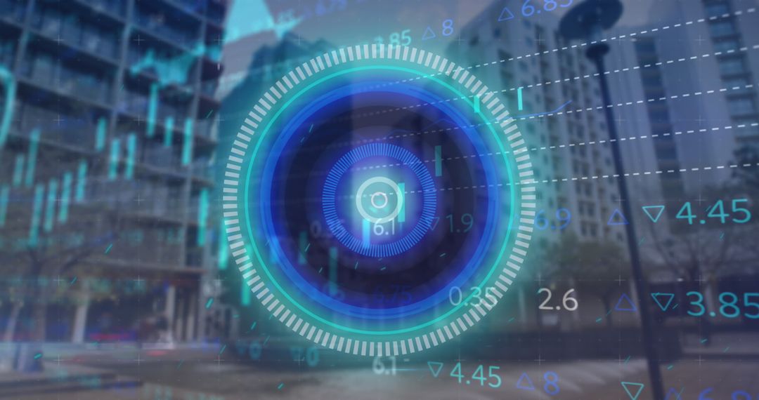 Futuristic Data Processing Overlaying Urban Cityscape