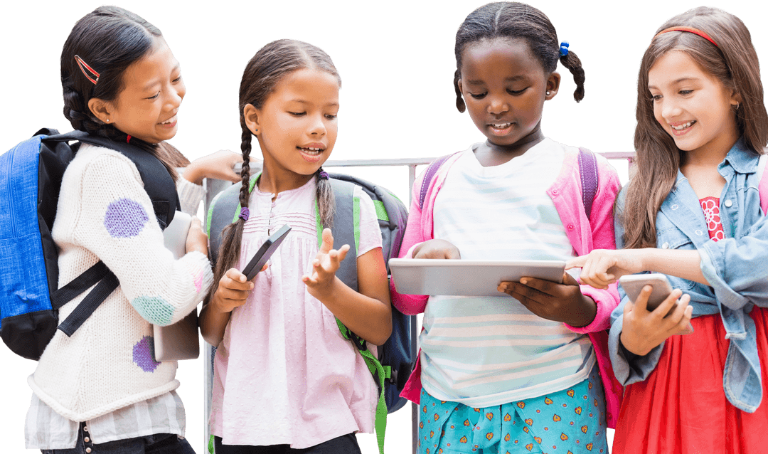 Diverse Group of Girls Using Digital Tablet Collaboratively Transparent