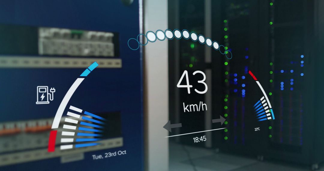 Futuristic Digital Speedometer Overlay in Server Room Environment