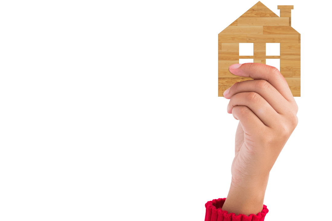 Hand Holding Wooden House on Transparent Background