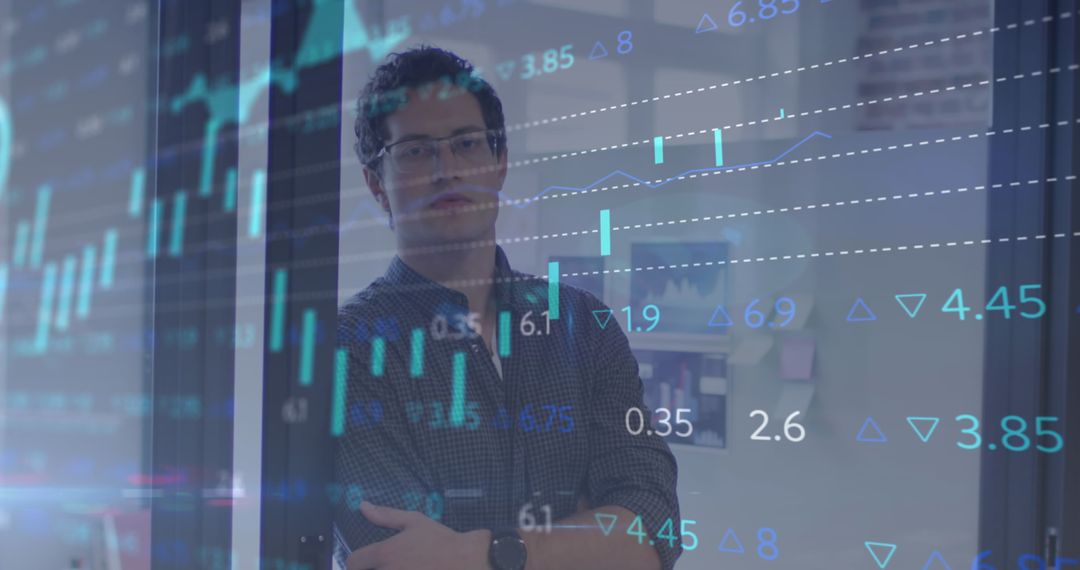 Businessman Overlaid with Stock Market Data in Modern Office