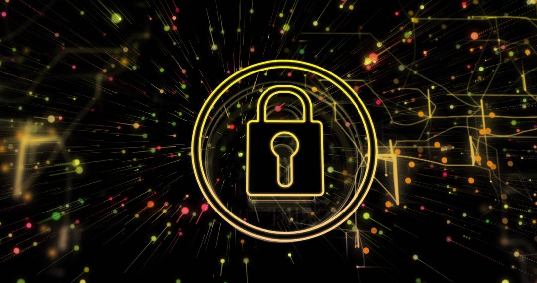 Neon Yellow Padlock in Concentric Rings Over Digital Circuit Network for Cybersecurity