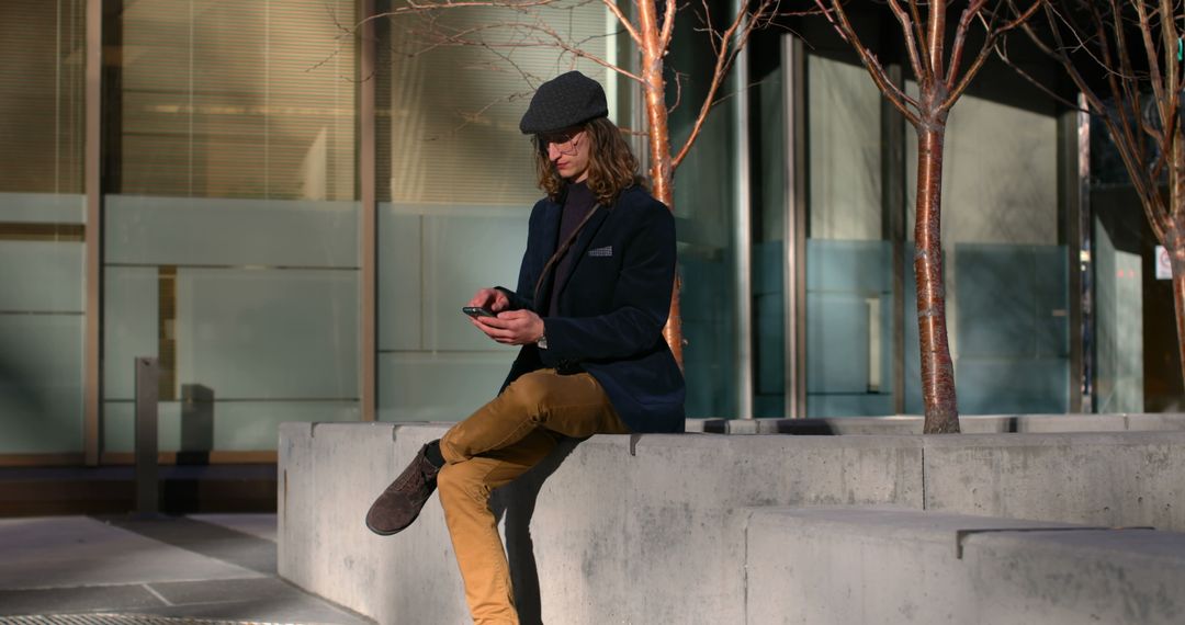 Man Texting on Smartphone Sitting on Outdoor Bench in Urban Area - Free Images, Stock Photos and Pictures on Pikwizard.com