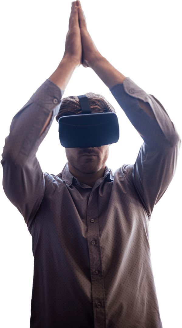 Man in Shirt Experiencing Virtual Reality with Hands Raised Transparent