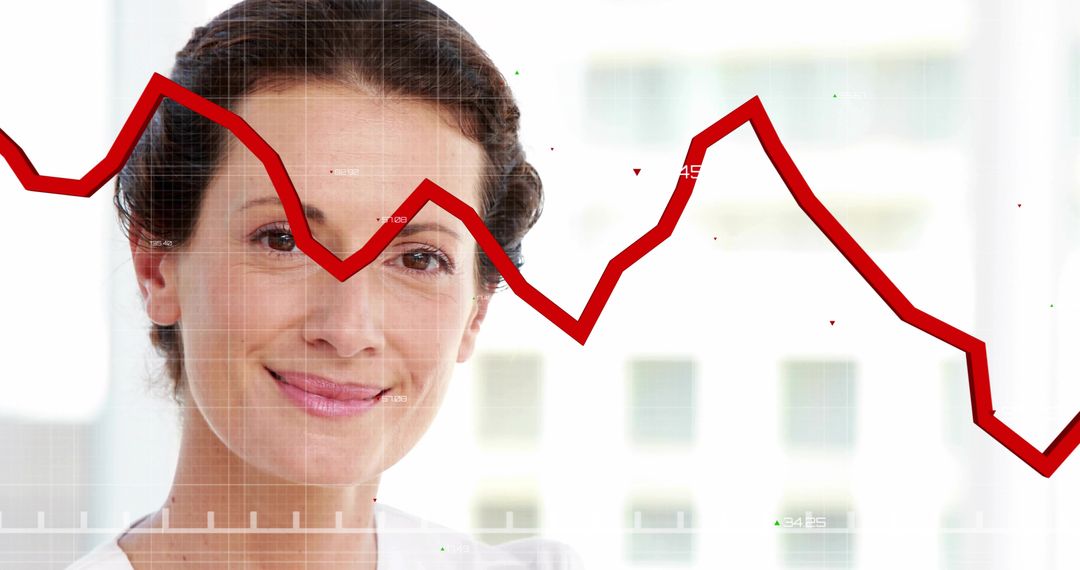 Confident businesswoman smiling with red fluctuating trend line overlay for data analytics