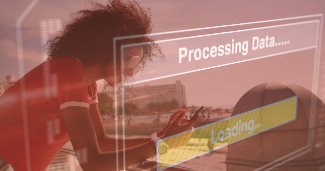 Woman Using Smartphone with Digital Data Interface Overlay