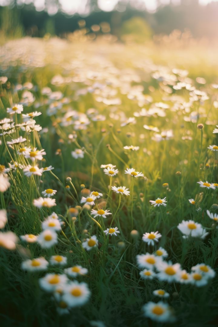 Close up of meadow with multiple white daisies and sunlight created using generative ai technology - Free Images, Stock Photos and Pictures on Pikwizard.com