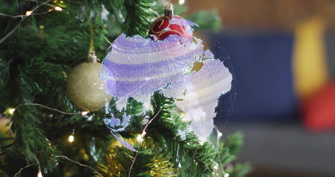 Holographic Globe Ornament Casting Iridescent Light Over Christmas Tree with Red Bauble