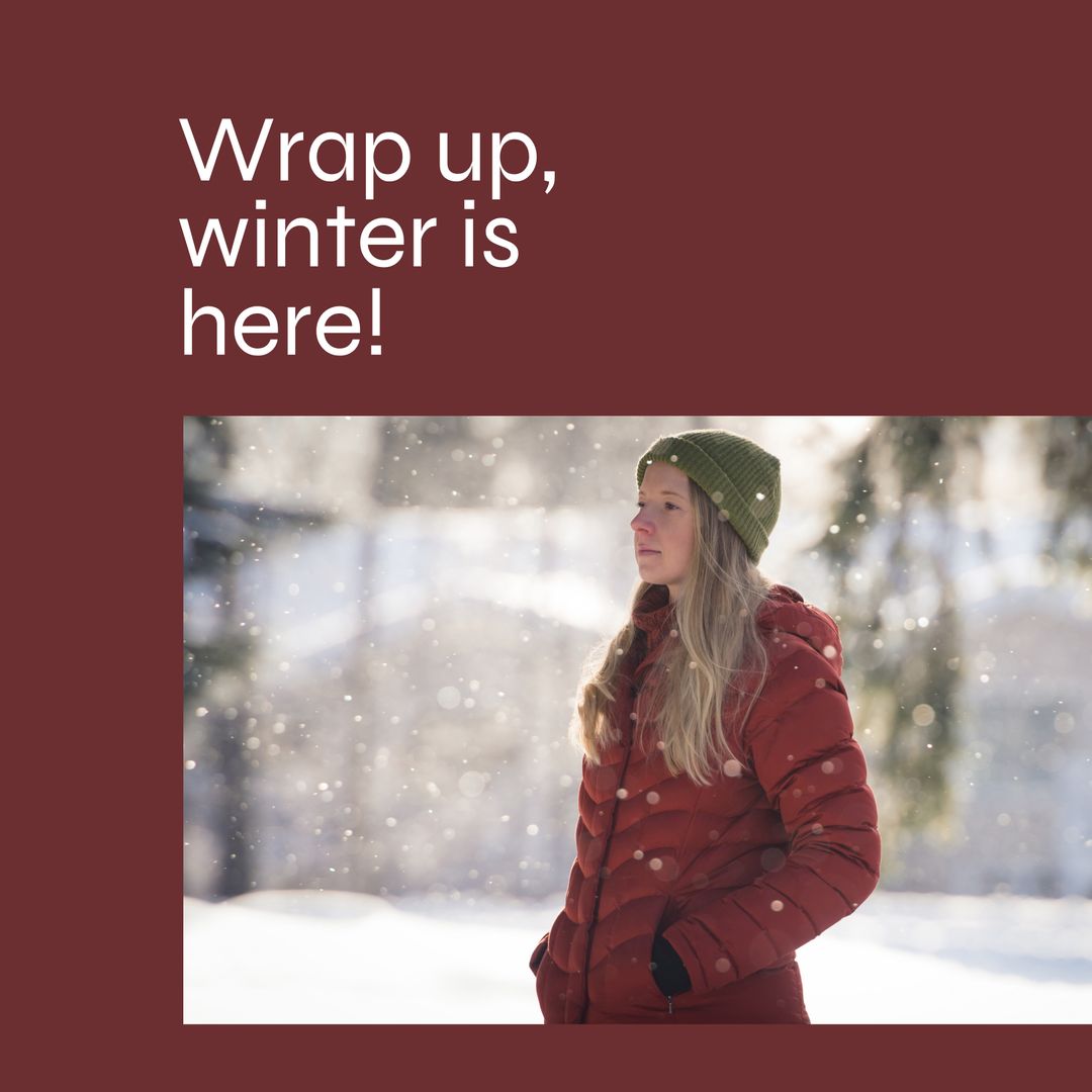 Woman in Red Coat Enjoying Snowfall with Winter Message