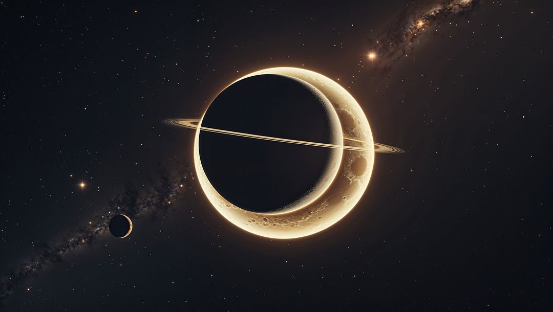 Glowing Ringed Planet with Cosmic Moon and Galaxy