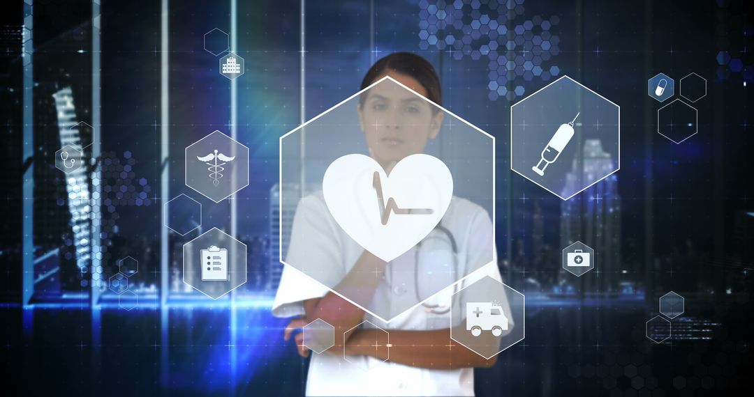 Female Doctor Standing with Digital Healthcare Icons on Futuristic Background - Free Images, Stock Photos and Pictures on Pikwizard.com