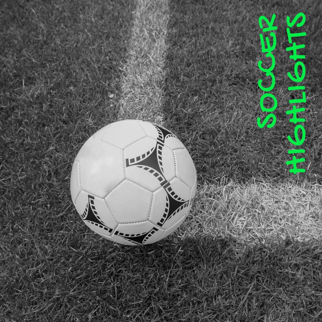 Black and White Soccer Ball on Green Field with Highlights Text