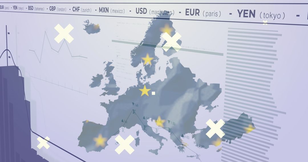 Currency Trends on European Map with Economic Symbols