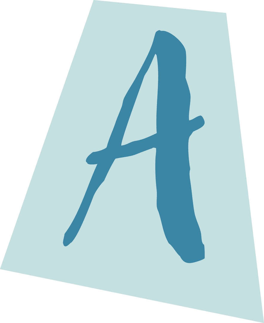 Transparent tilted teal panel with brushstroke uppercase A for modern typography branding