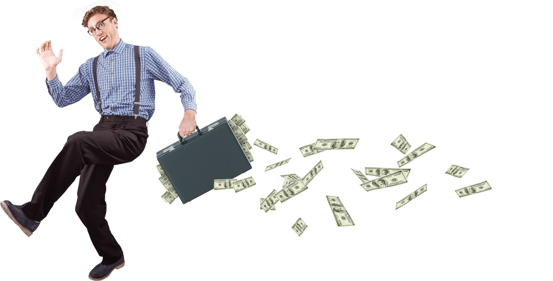 Energetic caucasian businessman spilling money on transparent background