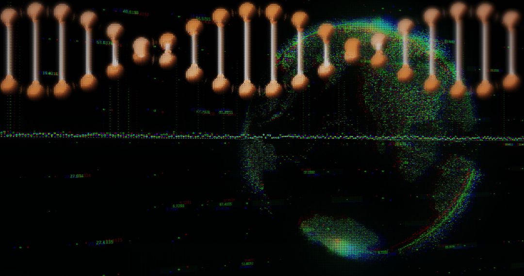 Futuristic DNA Strand Overlay with Digital Globe and Glitch Effects