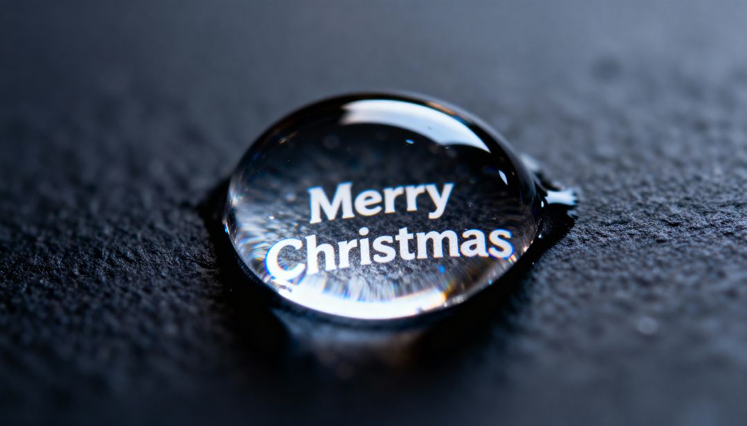 Water Droplet Magnifying Merry Christmas Text on Dark Slate Surface Macro Refraction