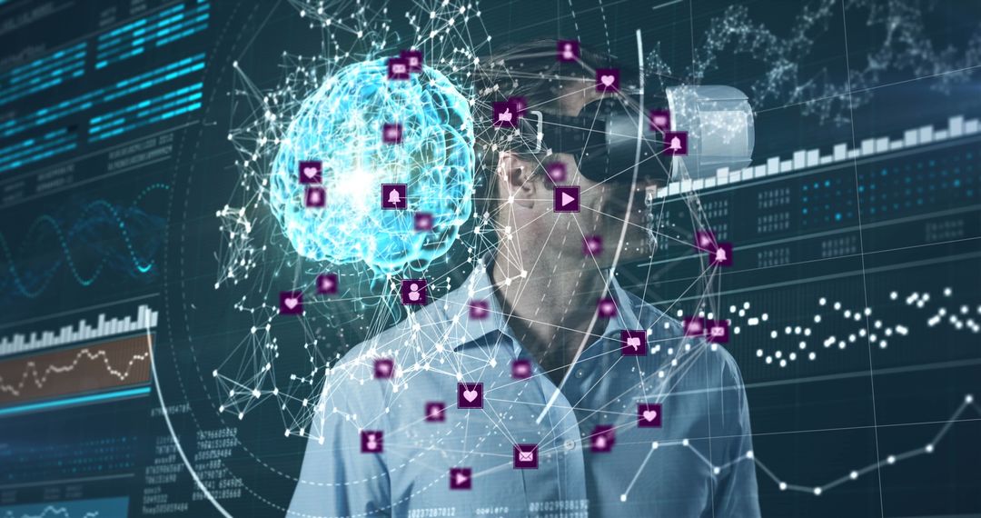 Man Experiencing Virtual Reality Data Interfaces and Network Integration - Free Images, Stock Photos and Pictures on Pikwizard.com