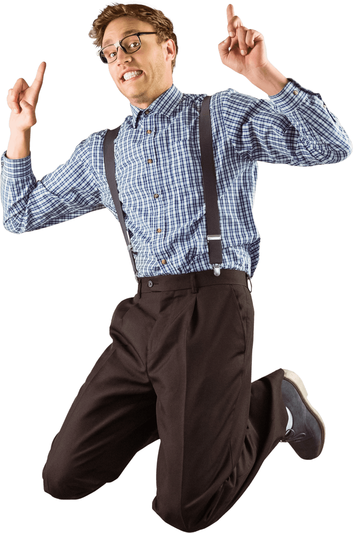 Transparent Hipster Nerd Guy Jumping with Enthusiasm