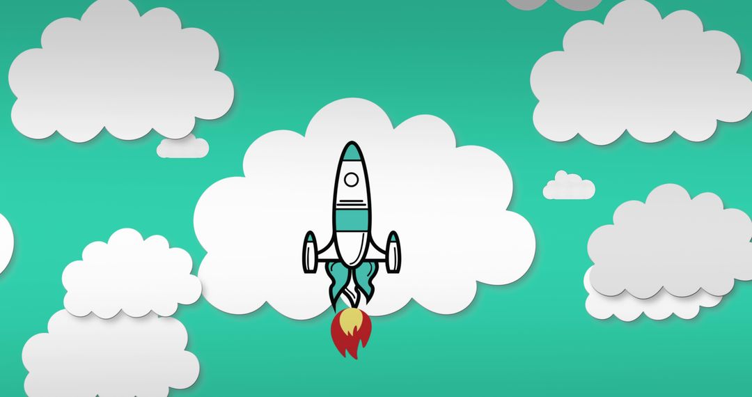 Cartoon Rocket Soaring Among White Clouds on Green Background