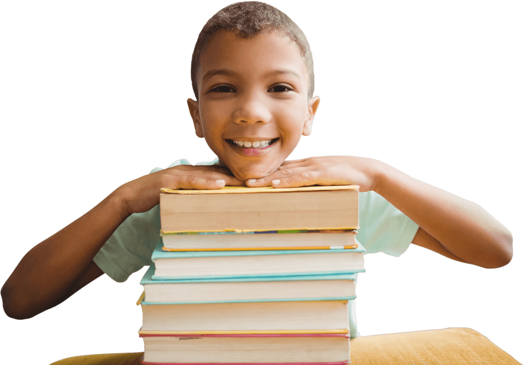 Smiling Child Leaning on Stack of Books with Transparent Background - Download Free Stock Images Pikwizard.com