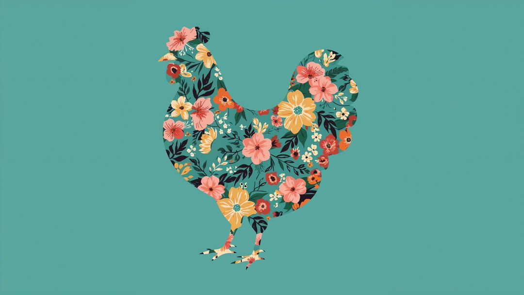 Floral Patterned Rooster Silhouette on Teal Background