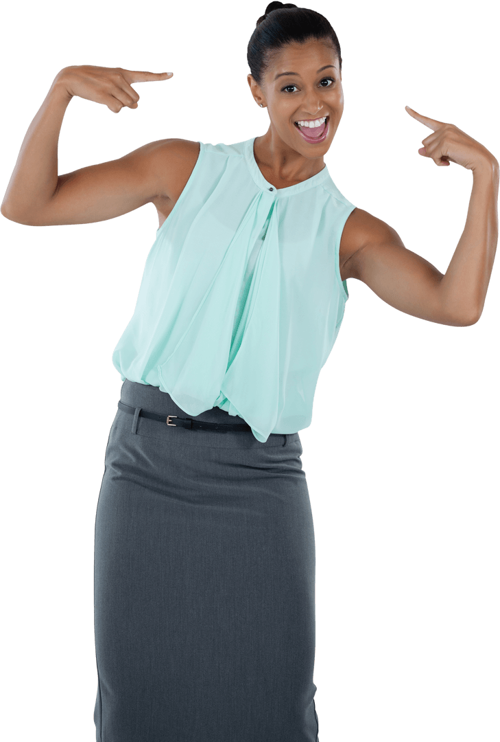Transparent Happy Woman Pointing Confidently at Herself