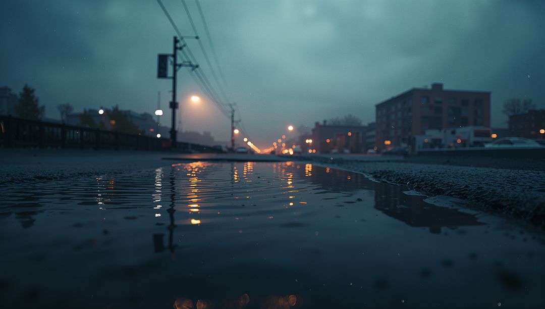 Moody Urban Scene with Puddle Reflections at Dusk