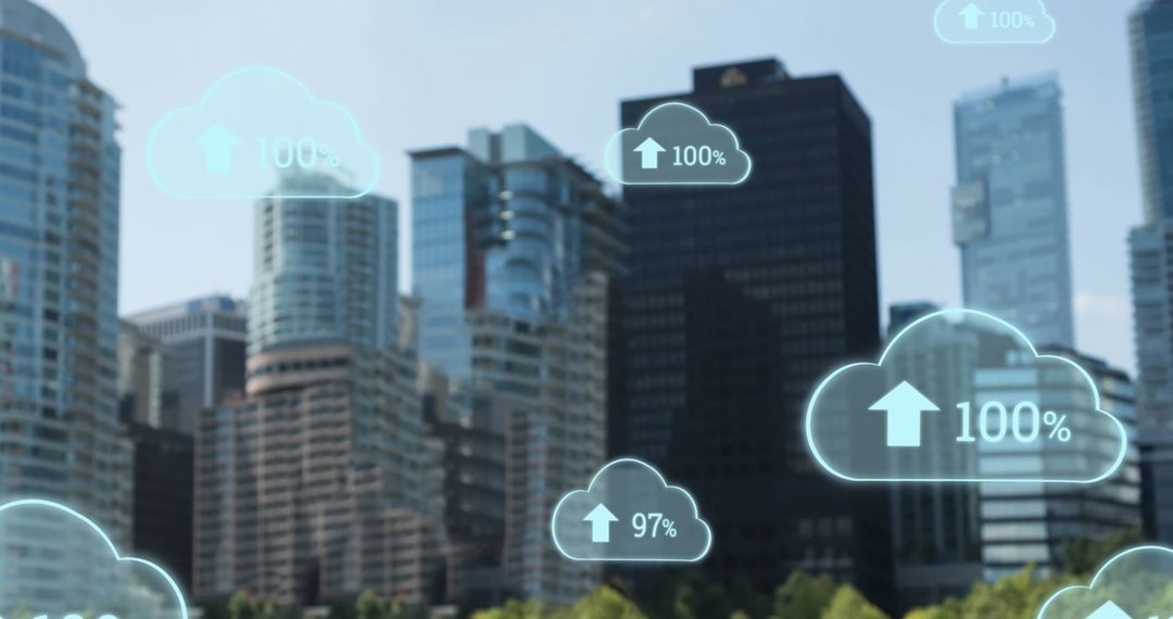 Cloud Computing Symbols in Urban Skyscraper Landscape