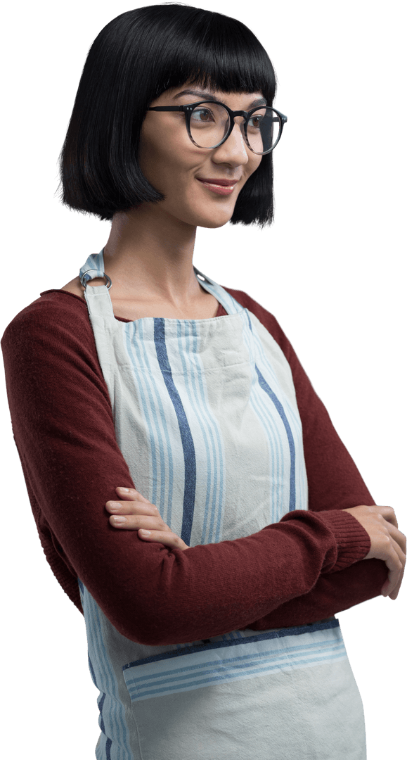 Transparent Waitress in Glasses with Crossed Arms Wearing Apron