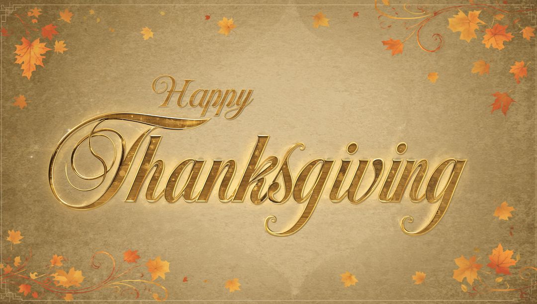 Golden Happy Thanksgiving Script on Vintage Parchment with Autumn Maple Leaves