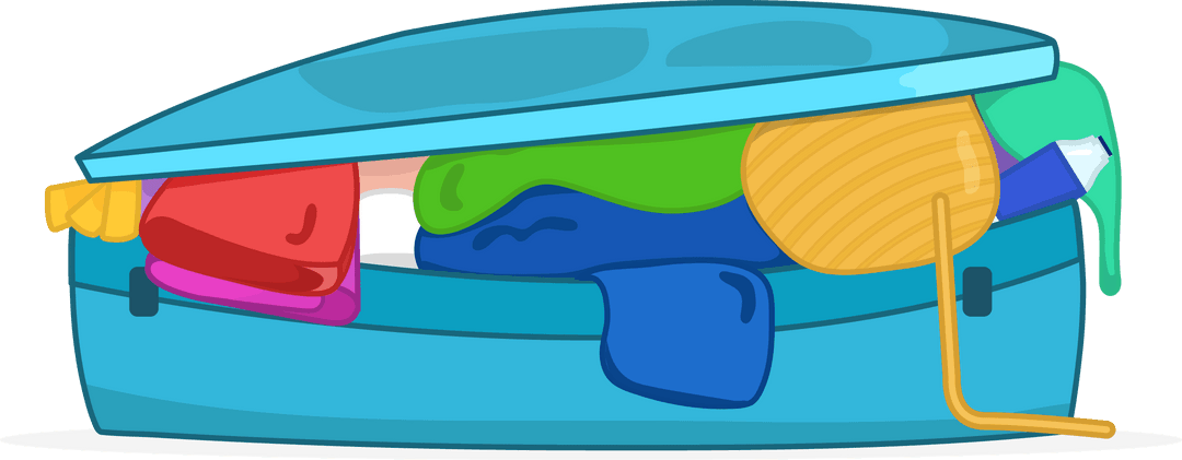 Overflowing Light Blue Suitcase with Clothes on Transparent Background