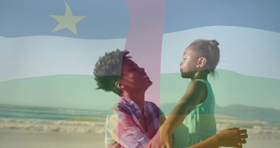 Joyful Mother and Daughter at Beach with Overlaid Flag