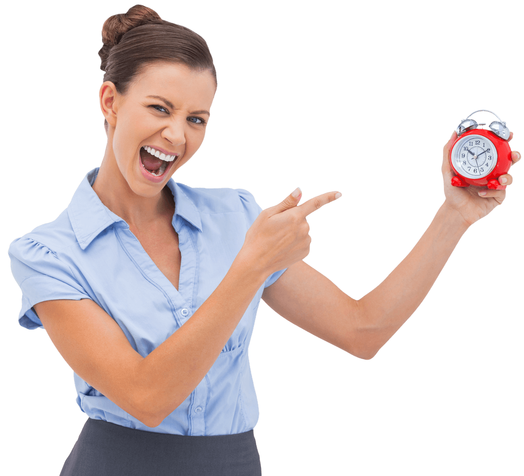 Transparent Businesswoman Excitedly Pointing at Alarm Clock