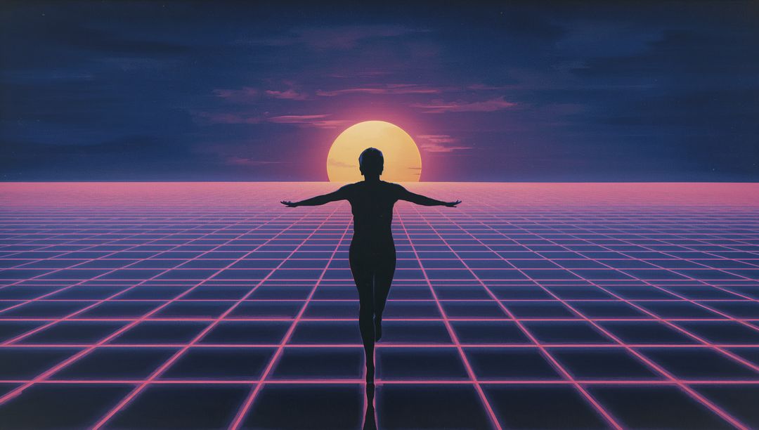 Silhouette Standing on Neon Grid Facing Low Sun, Retrofuturistic Synthwave Horizon