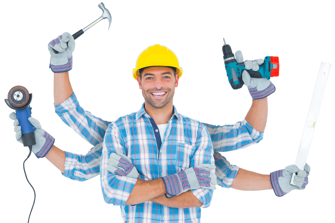 Multi-tasking Construction Worker on Transparent Background