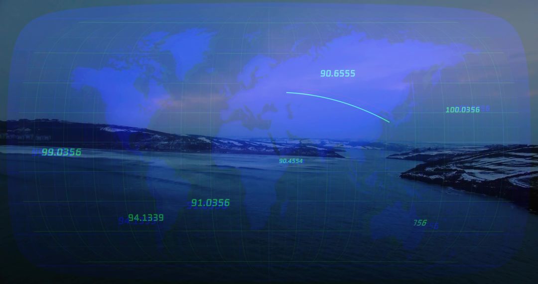 Scenic Mountain Lake with Global Map and Digital Overlay