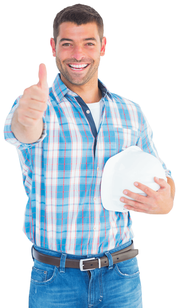 Confident Male Worker Giving Thumbs Up with Hard Hat Ready and Transparent Background