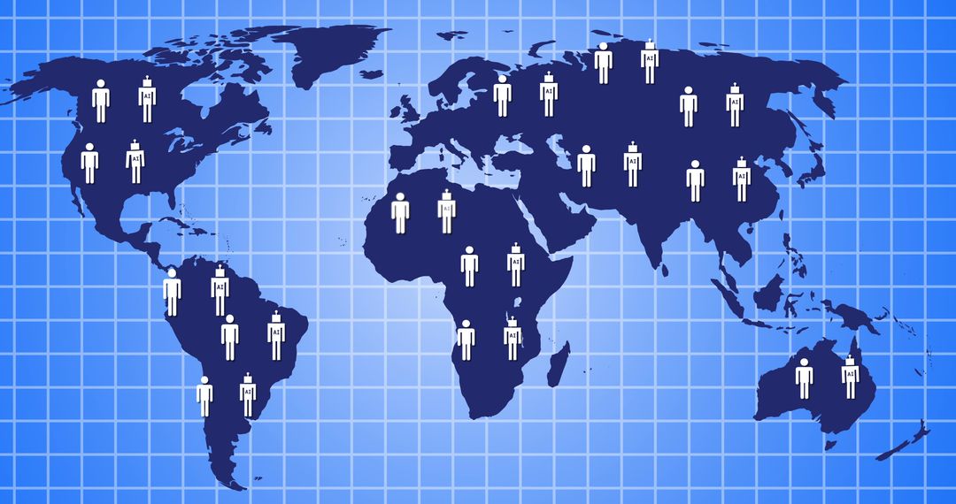 Global Distribution of AI Social Connectivity Icons on Digital World Map
