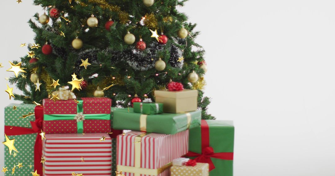 Christmas Tree and Presents with Falling Gold Stars