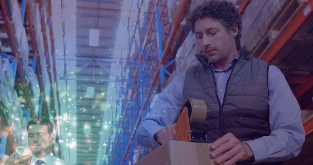 Warehouse Worker Taping Box with Surreal Glowing Effects