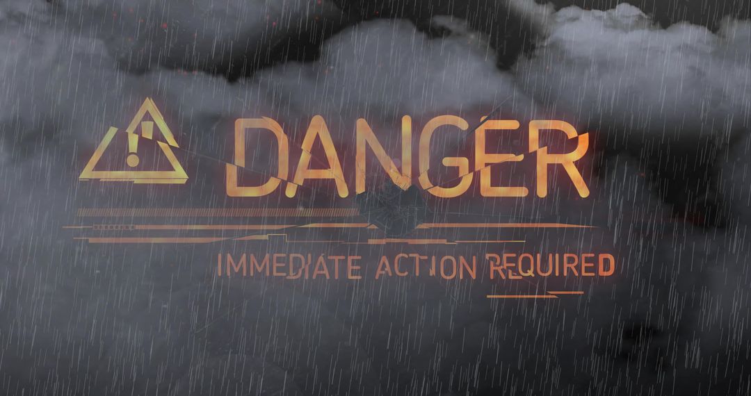 Amber danger warning glowing over stormy sky with Immediate Action Required alert