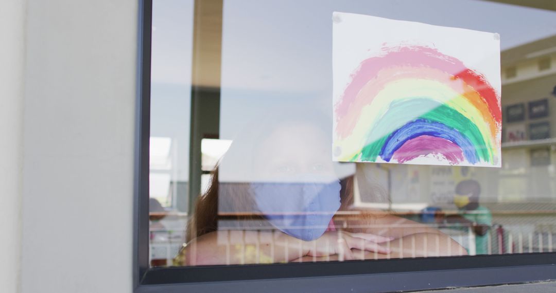 Child with Mask Looking through Window with Colorful Rainbow Painting - Free Images, Stock Photos and Pictures on Pikwizard.com