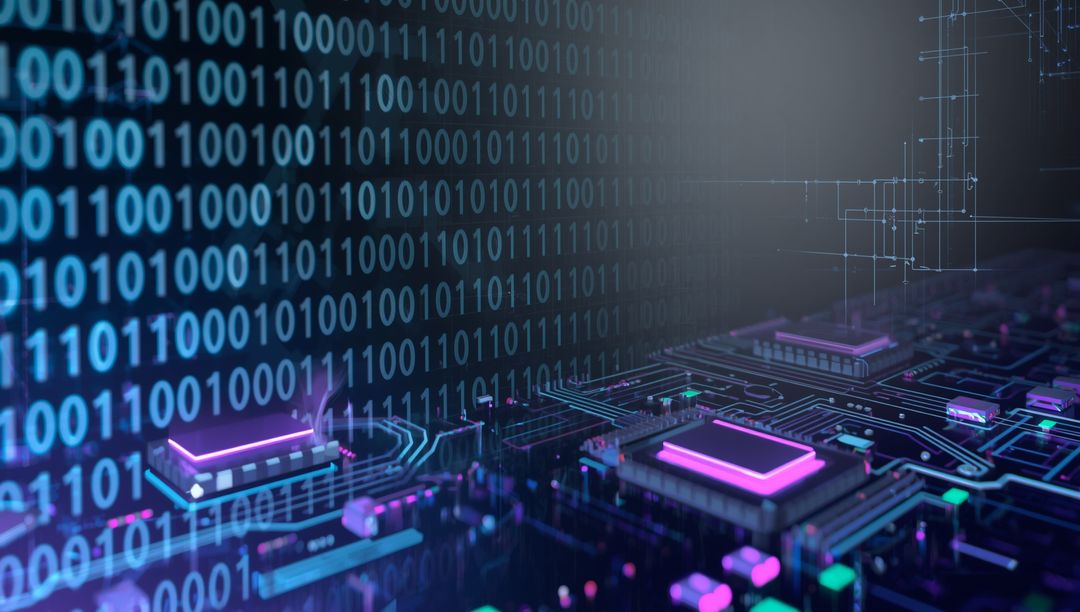 Glowing Circuit Board with Binary Code in Futuristic Digital Design