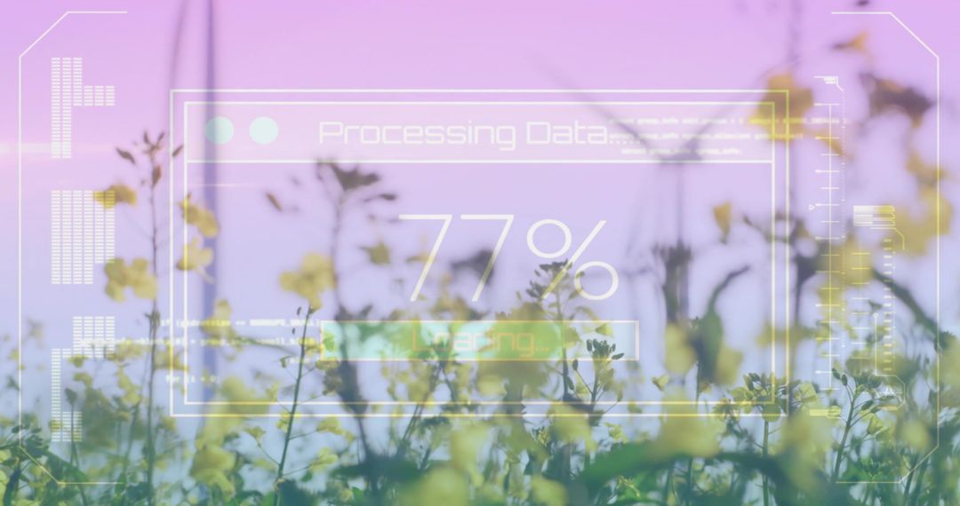 Swaying Yellow Wildflowers with Futuristic HUD Overlay Displaying 77% Processing Progress