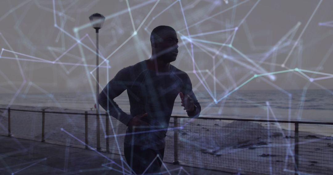 Silhouette of Runner Against Digital Network Overlay
