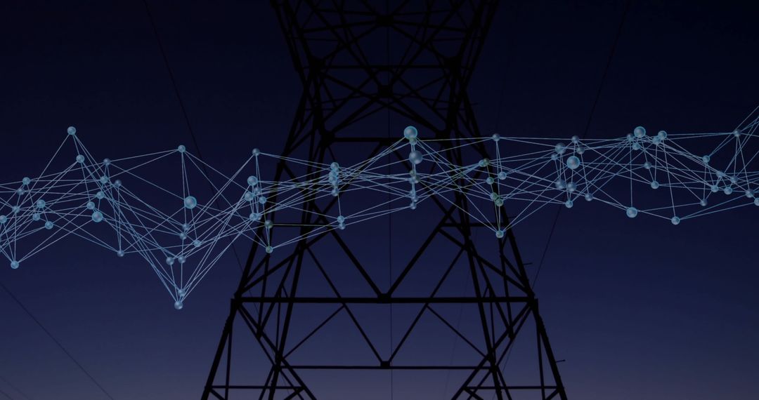High Voltage Power Tower with Glowing Network Connections
