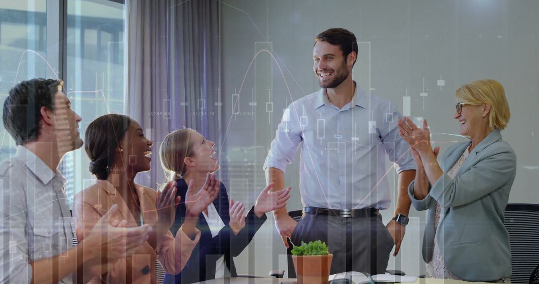 Successful Business Presentation with Team Applause and Growth Charts