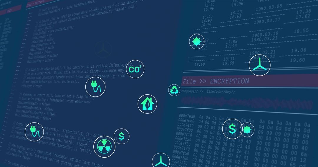 Futuristic Digital Encryption with Eco Icons Overlay