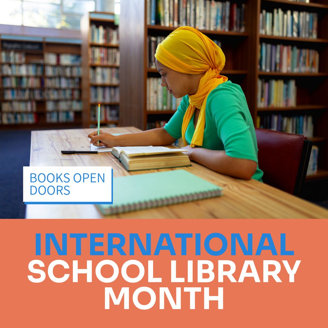 Young Woman in Hijab Studying in School Library for International Library Month